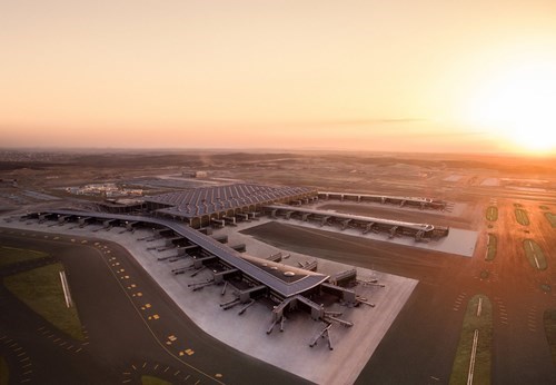 Aerial shot of Istanbul airport at dawn